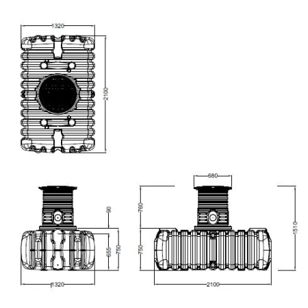 Zbiornik na deszczówkę FLAT S 1500 l - rzuty