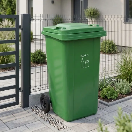 Zielony pojemnik na szkło ATIMA 120 l ustawiony przy posesji