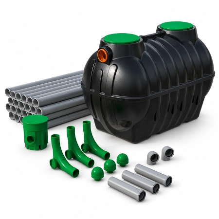 Oczyszczalnia drenażowa BOLT 2.5 Marseplast 2500 l z drenażem rozsączającym 48 mb dla 2–5 osób
