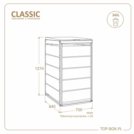 Wymiary TOP BOX CLASSIC 240 l – zabudowa 1-modułowa