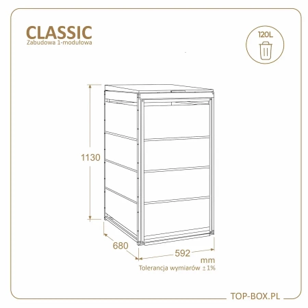 Wymiary zabudowy TOP BOX CLASSIC 120 l – 592 × 680 × 1130 mm