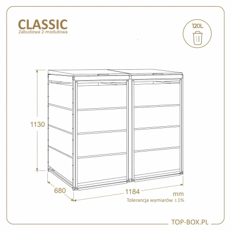 Wymiary TOP BOX CLASSIC 2x120 l – 1184 x 680 x 1130 mm