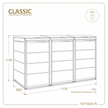 Wymiary TOP BOX CLASSIC 3x120 l – 1776 x 680 x 1130 mm