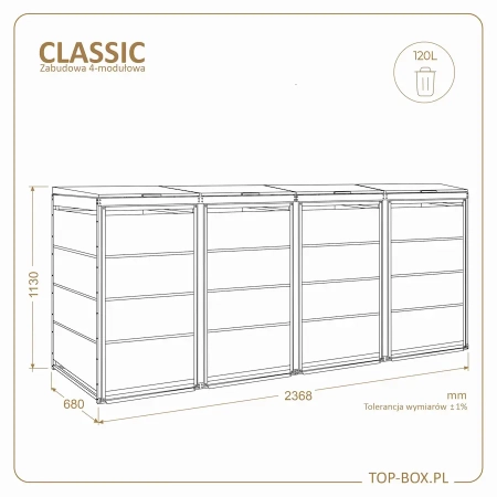 Wymiary zabudowy TOP BOX CLASSIC 4x120 l – 4 moduły