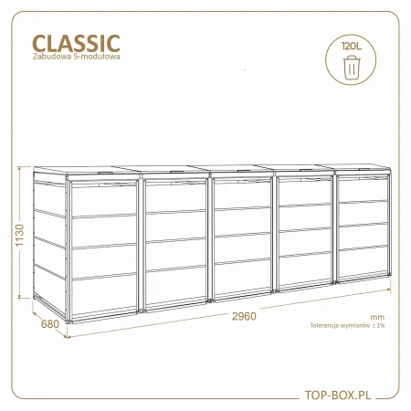 Wymiary TOP BOX CLASSIC 5x120 l – 2960 x 680 x 1130 mm