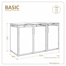 Wymiary zabudowy TOP BOX BASIC 3 × 240 l – szerokość 2010 mm, głębokość 800 mm, wysokość 1160 mm
