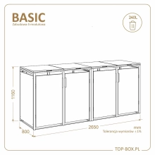 Wymiary zabudowy TOP BOX BASIC 4 × 240 l – szerokość 2650 mm, głębokość 800 mm, wysokość 1160 mm