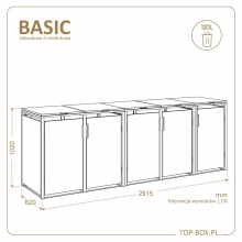 Wymiary zabudowy TOP BOX BASIC 5 × 120 l – szerokość 2915 mm, głębokość 620 mm, wysokość 1020 mm