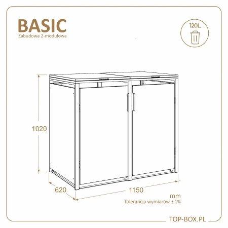 Wymiary zabudowy TOP BOX BASIC 2x120L 1150x620x1020 mm