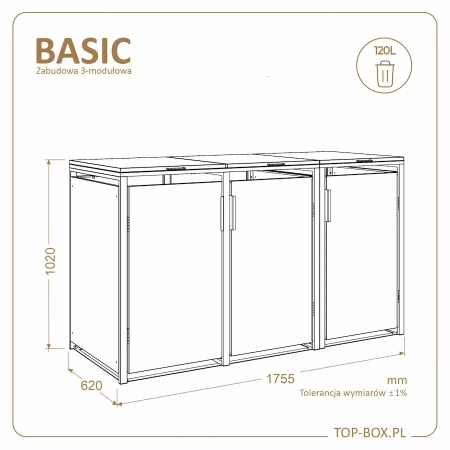 TOP BOX BASIC 3×120 l – wymiary zabudowy 1755 × 620 × 1020 mm