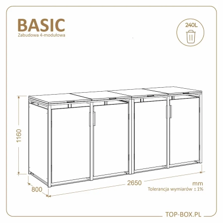 Wymiary zabudowy TOP BOX BASIC 4 × 240 l – szerokość 2650 mm, głębokość 800 mm, wysokość 1160 mm