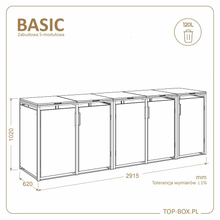 Wymiary zabudowy TOP BOX BASIC 5 × 120 l – szerokość 2915 mm, głębokość 620 mm, wysokość 1020 mm