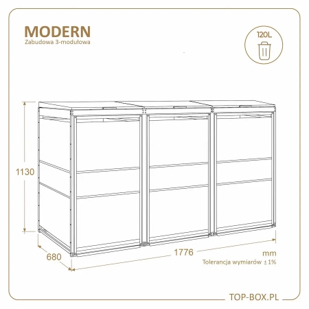 Wymiary TOP BOX MODERN 3×120 l – 1776×680×1130 mm
