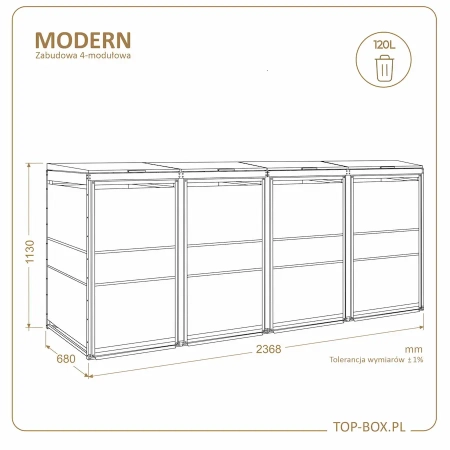 Wymiary TOP BOX MODERN 4×120 l – 2368×680×1130 mm