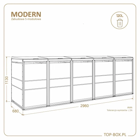 Wymiary TOP BOX MODERN 5×120 l – 2960×680×1130 mm