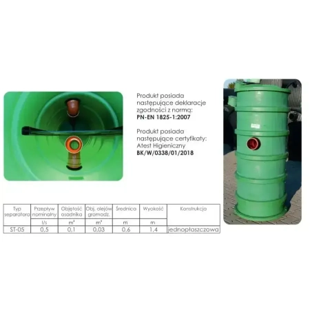 Separator tłuszczu ST-05 HDPE R (pionowy) - dane