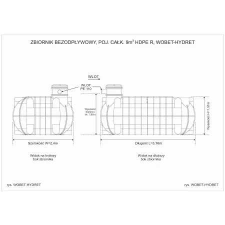 Zbiornik na szambo 9 m3 HDPE R – wymiary